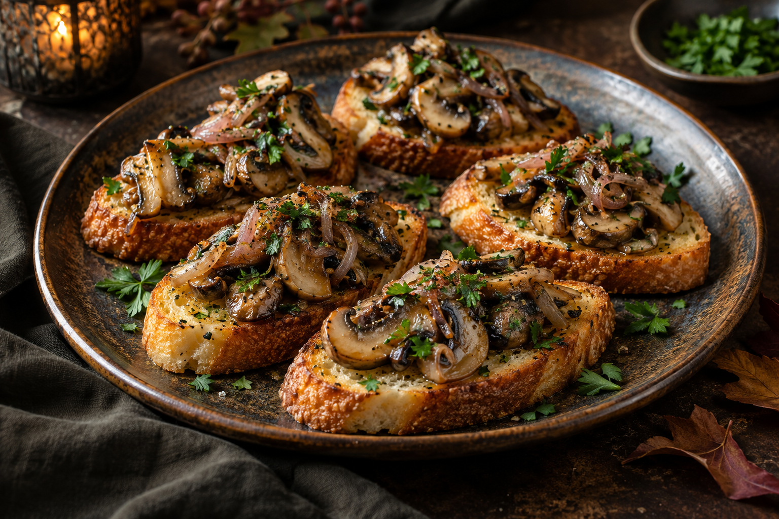 Hongos malditos sobre crostini de ajo — sugerencia de presentación